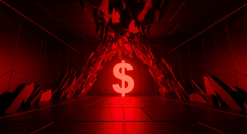 A glowing red U.S. dollar sign symbol surrounded by dark, cracking structures, illustrating currency debasement and falling purchasing power.