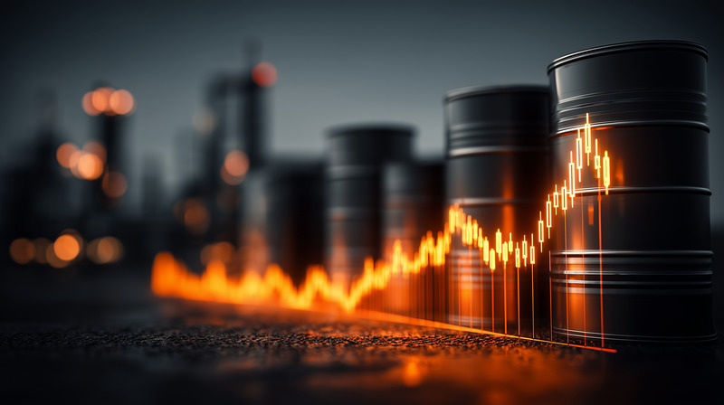 A row of black oil barrels in a dark industrial setting with a glowing orange financial growth chart trending upward, symbolizing rising Brent crude prices during the 2026 energy crisis.