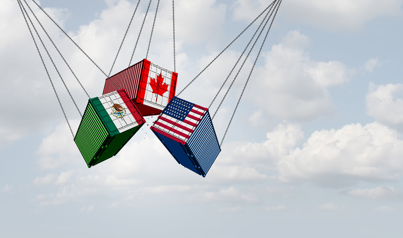 Three shipping containers painted with the flags of Mexico, Canada, and the United States suspended by chains, representing the 2026 USMCA trade review and its impact on global wealth management.