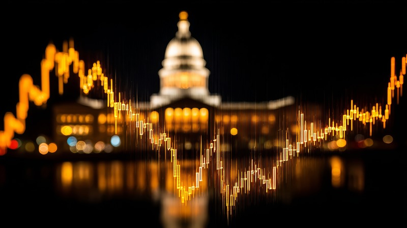 A stock market candlestick chart showing a downward "check-back" dip and recovery trend line overlaying a blurred background of the U.S. Capitol Building at night, representing 2026 midterm election market volatility and wealth management strategies.