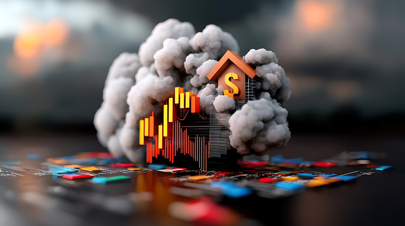 A conceptual 3D graphic showing a miniature house with a dollar sign sitting inside a dense, dark grey storm cloud, surrounded by a plunging red and yellow candlestick stock market chart overlaying an out-of-focus digital trading floor, symbolizing interest rate shifts and domestic inflation.