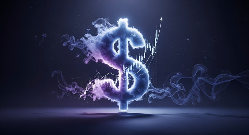 A glowing digital U.S. dollar sign evaporating with financial stock chart trends, symbolizing inflation eroding purchasing power.