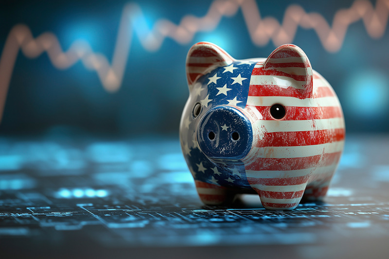 U.S. flag piggy bank displaying purchasing power of a dollar and wealth management Switzerland concepts.