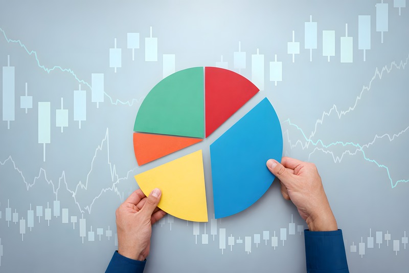 Hands assembling a colorful pie chart on a light blue background overlaid with financial stock charts.