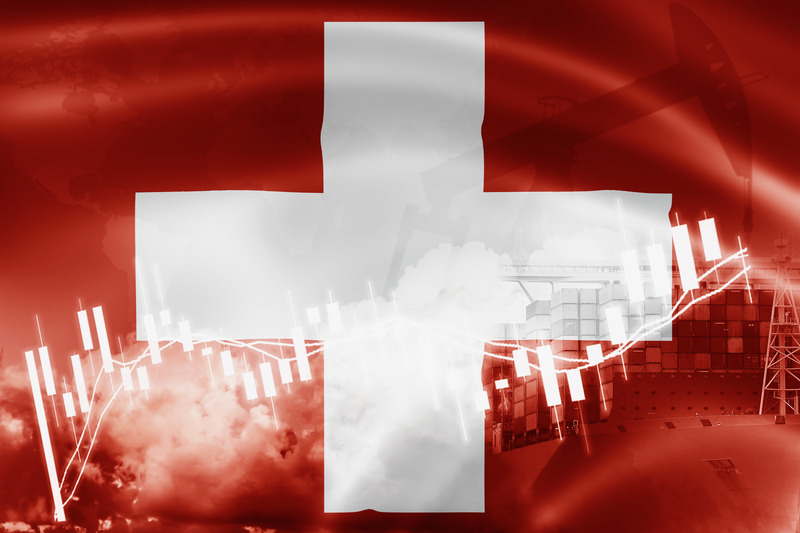 A Swiss flag overlaid with stock market candlestick charts, global trading routes, and industrial shipping.